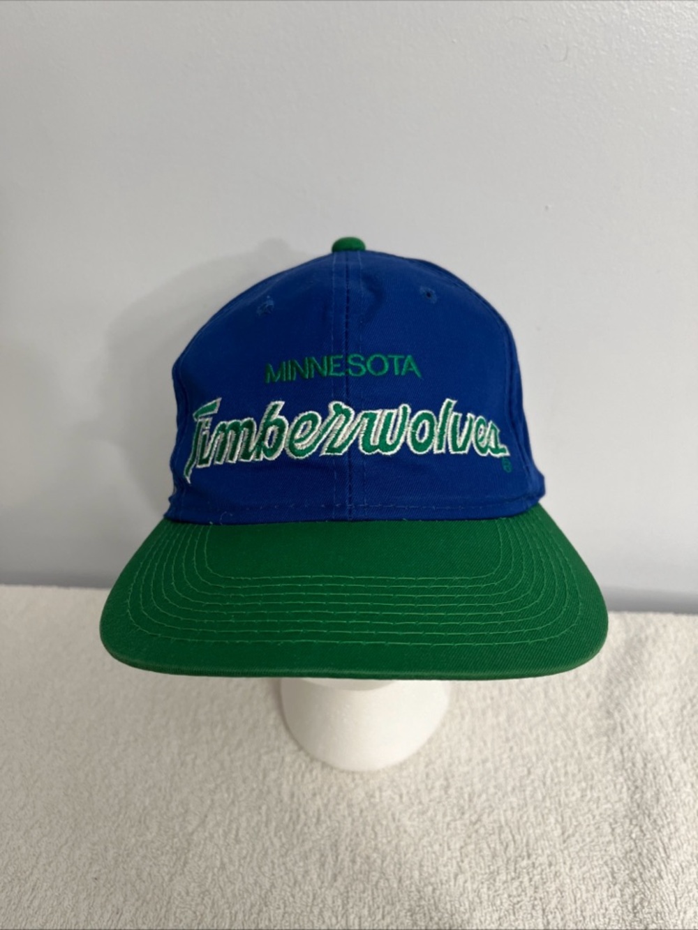 VTG Minnesota Timberwolves Sports Specialties Twill Script Snap Back Hat Blue